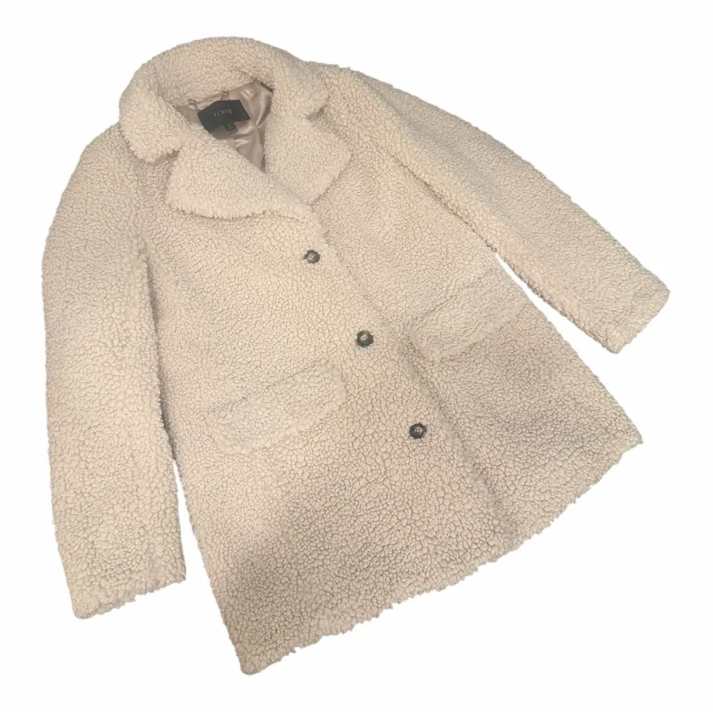 J. Crew Teddy Sherpa Jacket Ivory Button‎ Up Faux Fur Coat size small - Picture 3 of 10